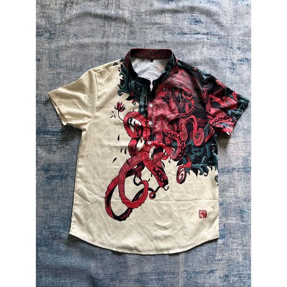Cream Red Buttoned V Neck Japanese Art Octopus Print Tee Large - Picture 1 of 6